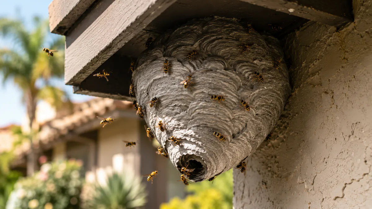 Wasp nest under a home eave