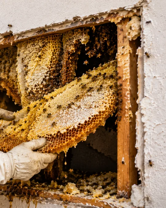 Gloved hands holding a dripping slab of golden honeycomb pulled from an opened wall