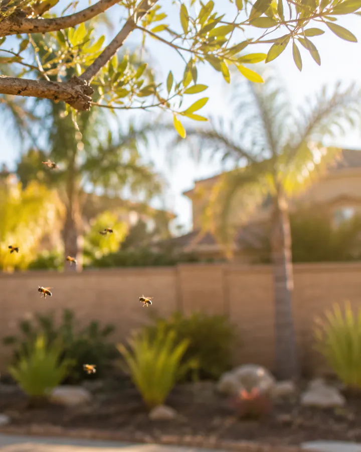 Honey bees in flight over a walled Southern California backyard at golden hour, with palms and a tile roof home behind them