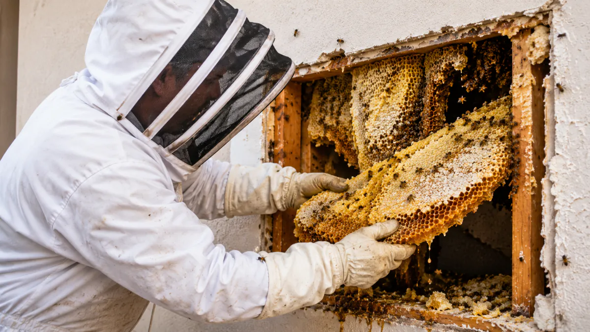 Technician removing honeycomb during live beehive removal