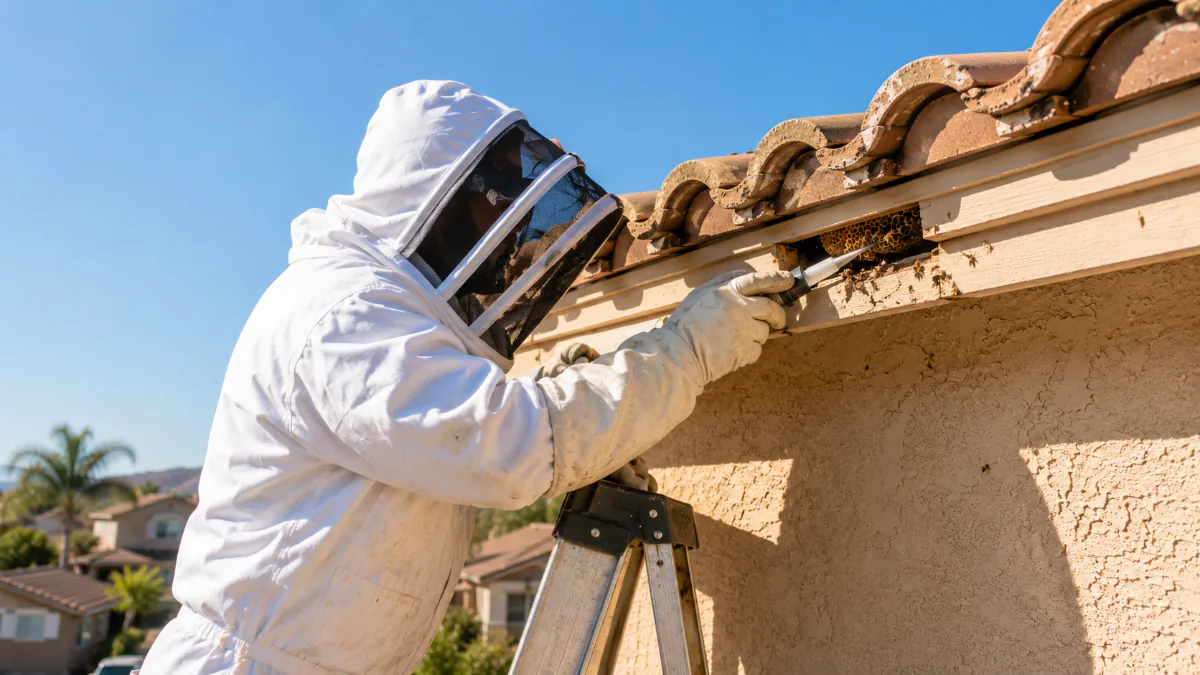 Bee removal technician working at a roofline