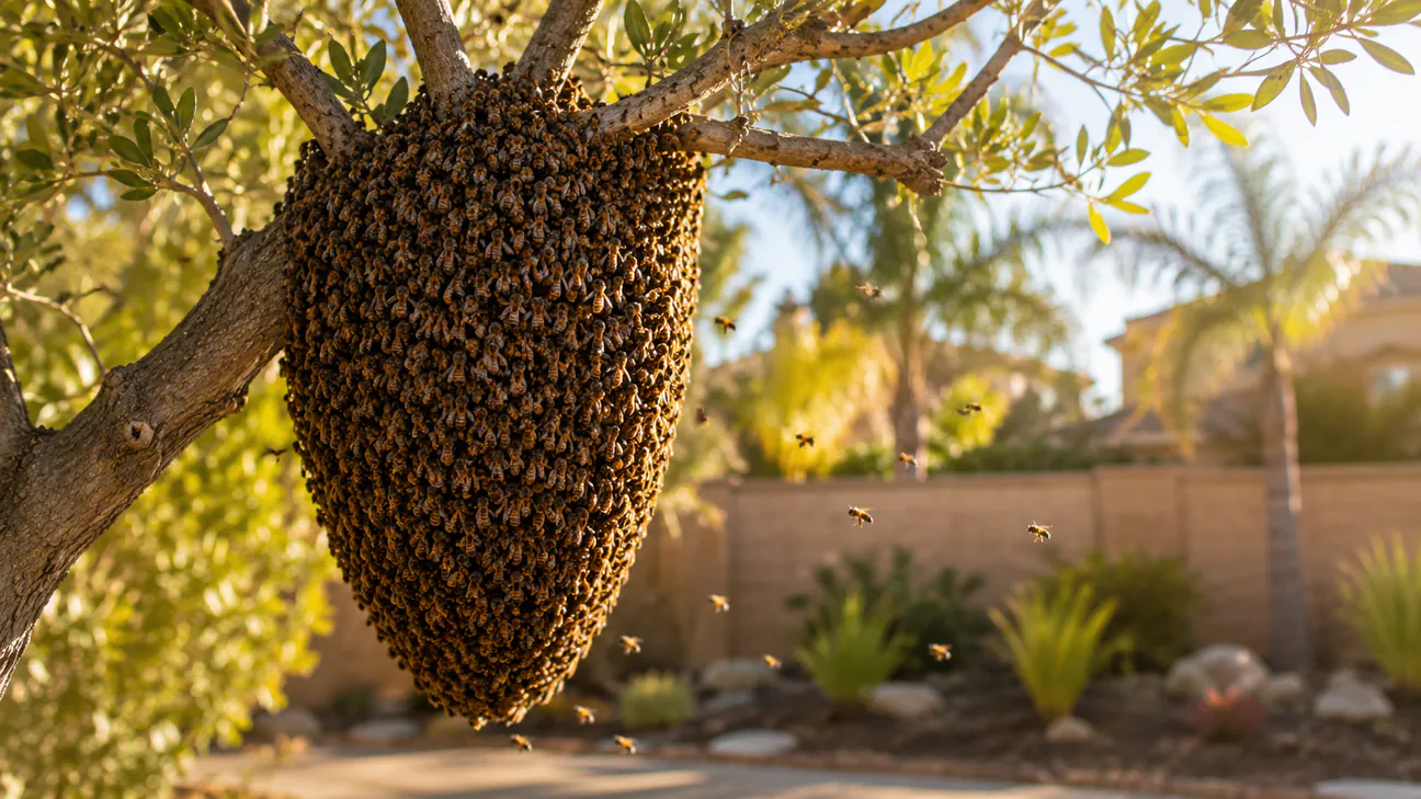 Live honey bee swarm clustered on a branch